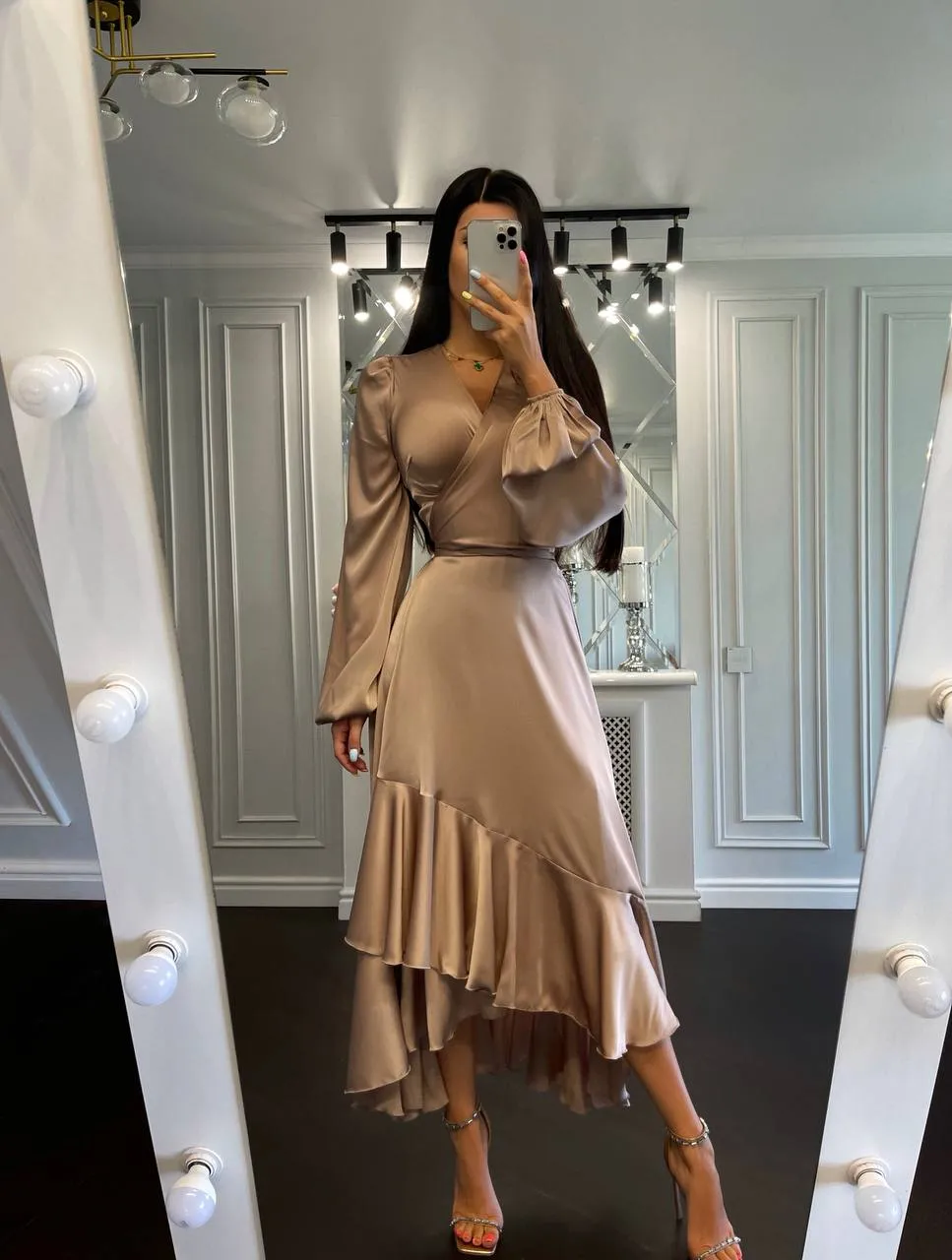 Puff-Sleeve Wrap Asymmetric Dress