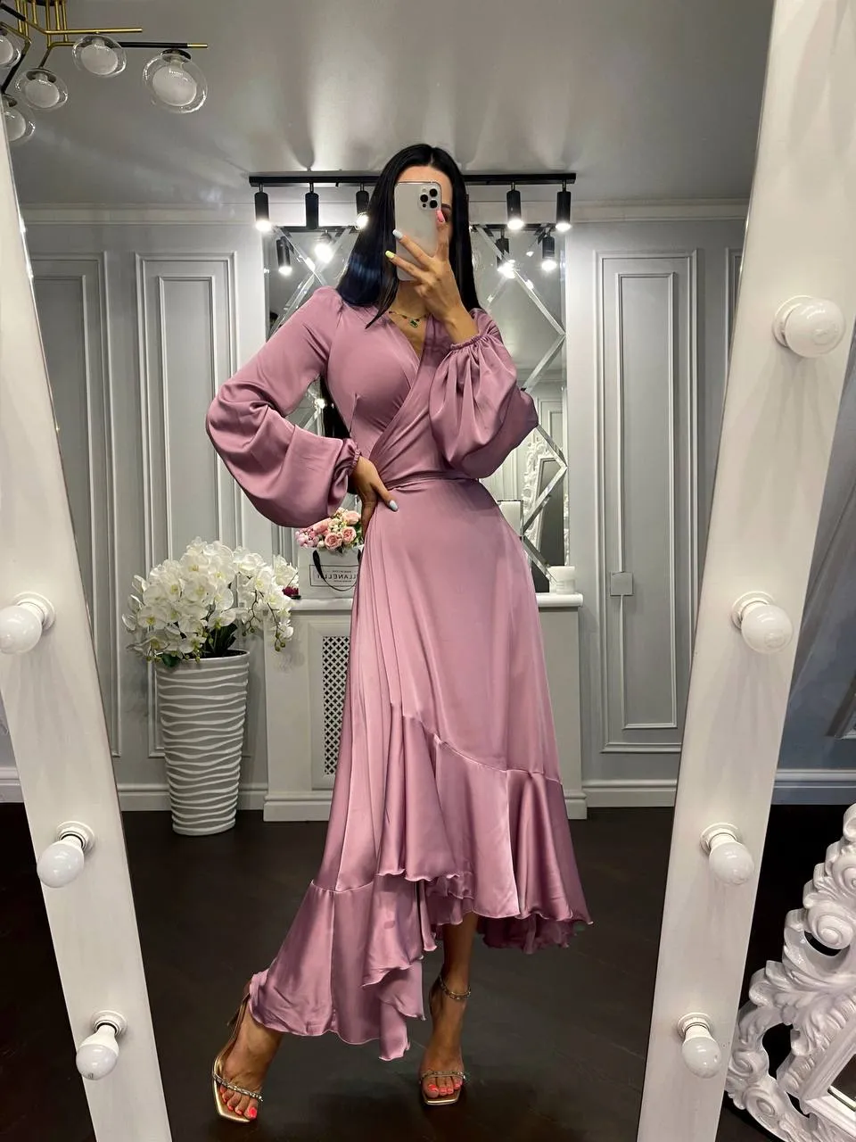 Puff-Sleeve Wrap Asymmetric Dress