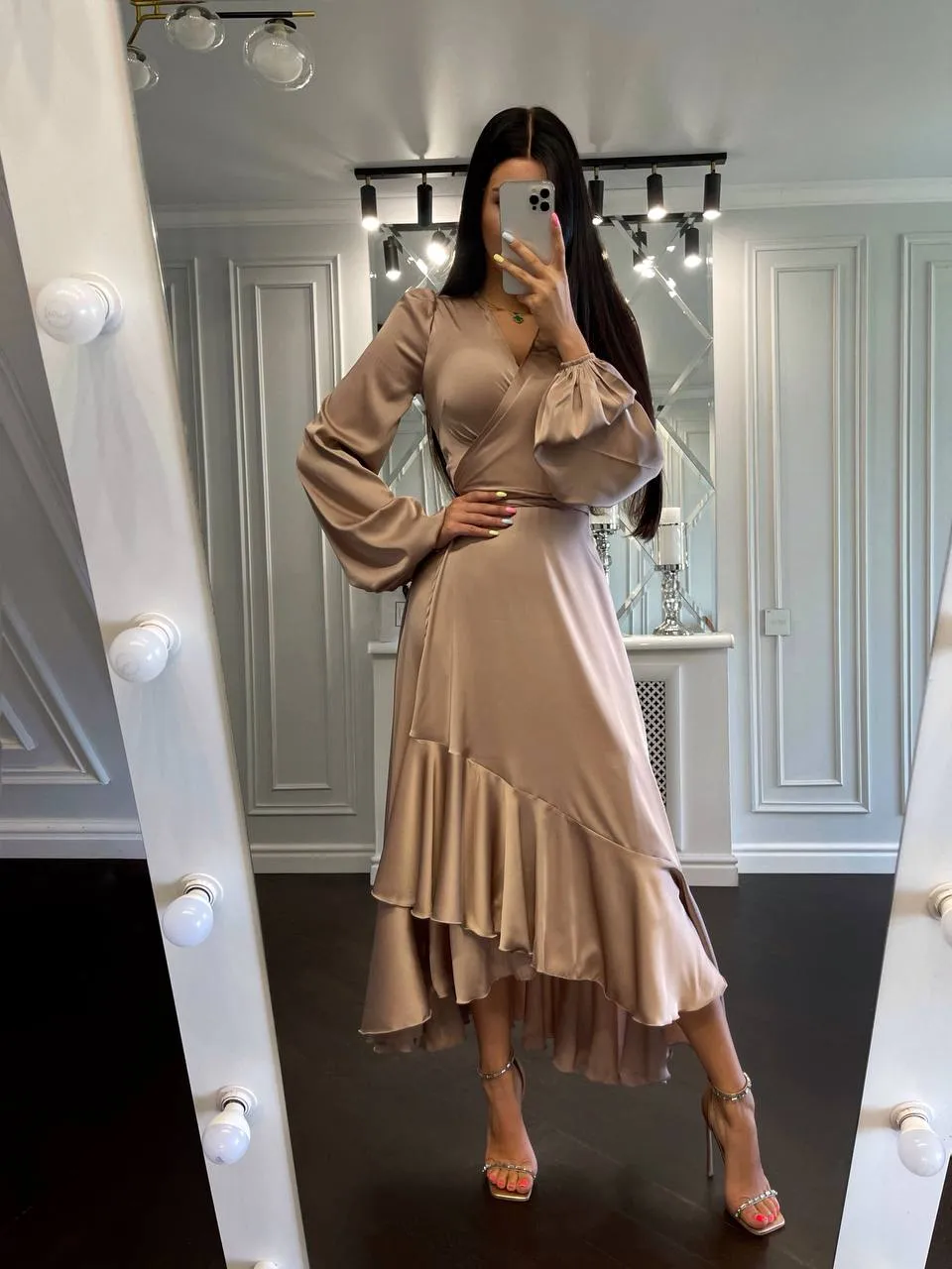 Puff-Sleeve Wrap Asymmetric Dress
