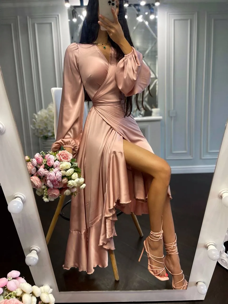 Puff-Sleeve Wrap Asymmetric Dress
