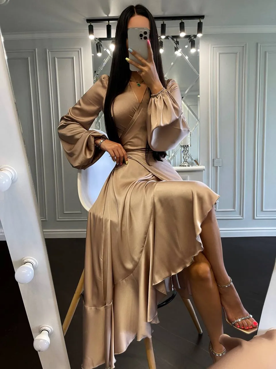 Puff-Sleeve Wrap Asymmetric Dress