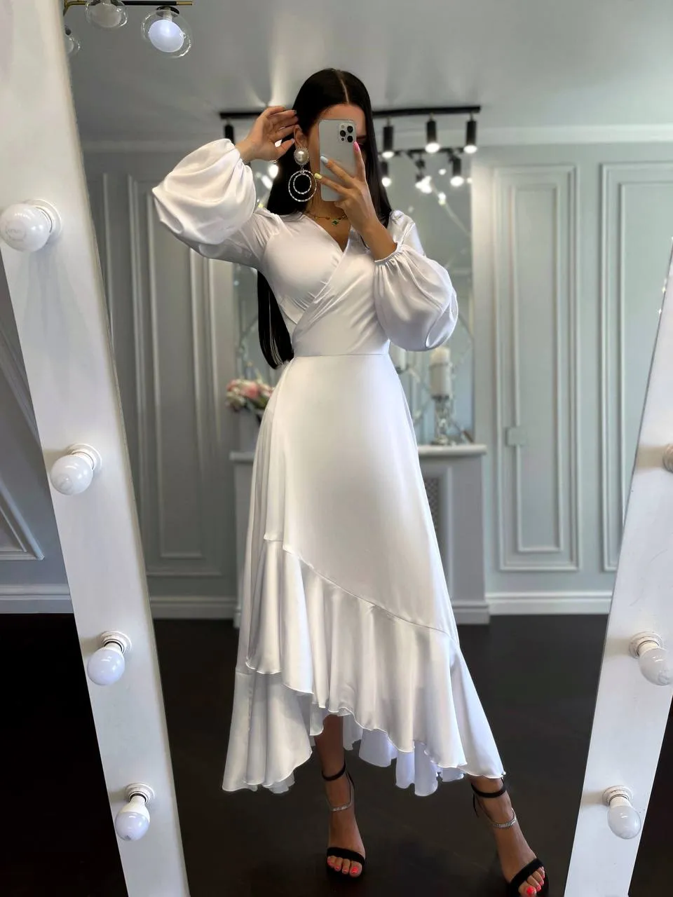 Puff-Sleeve Wrap Asymmetric Dress