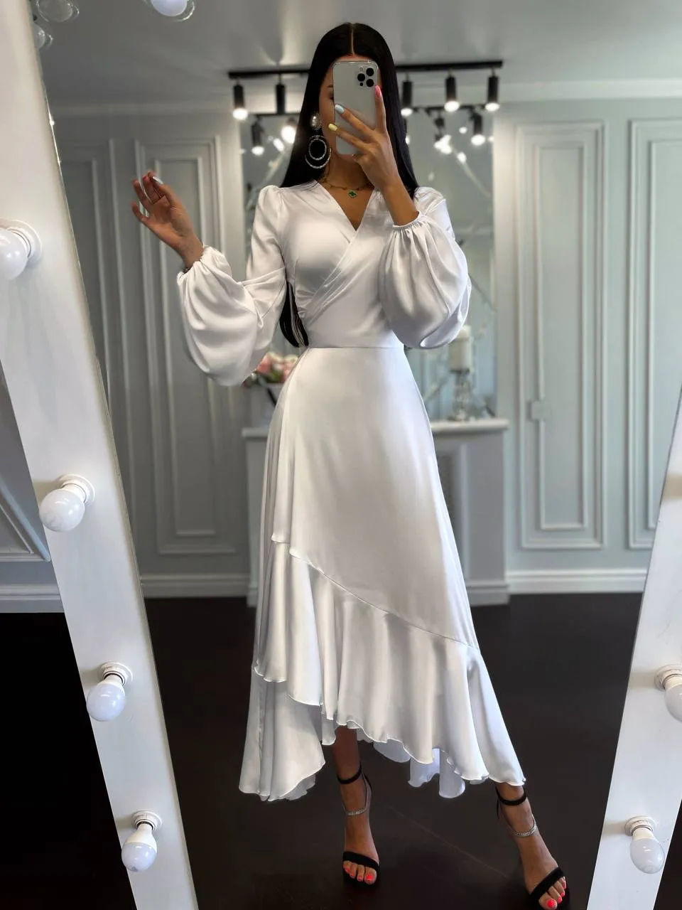 Puff-Sleeve Wrap Asymmetric Dress