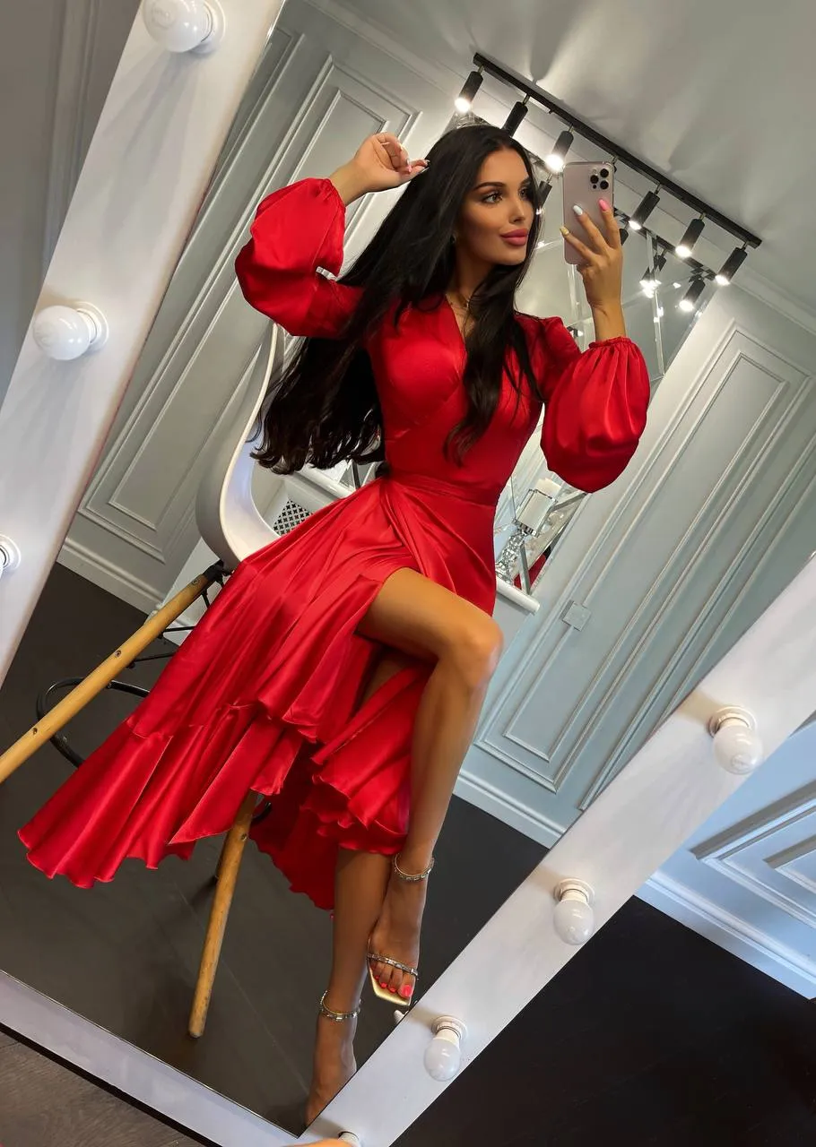 Puff-Sleeve Wrap Asymmetric Dress