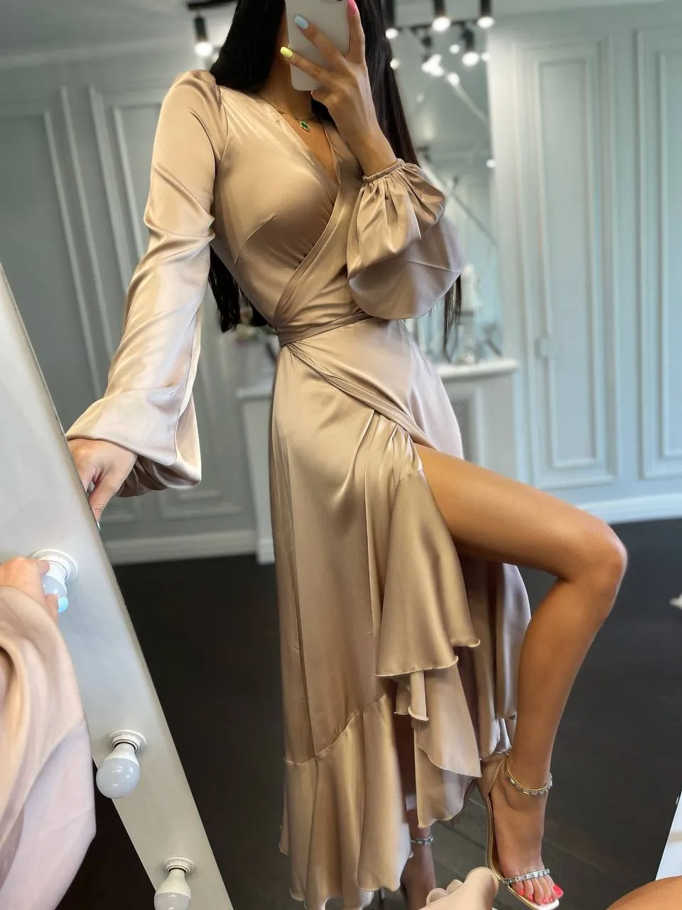 Puff-Sleeve Wrap Asymmetric Dress