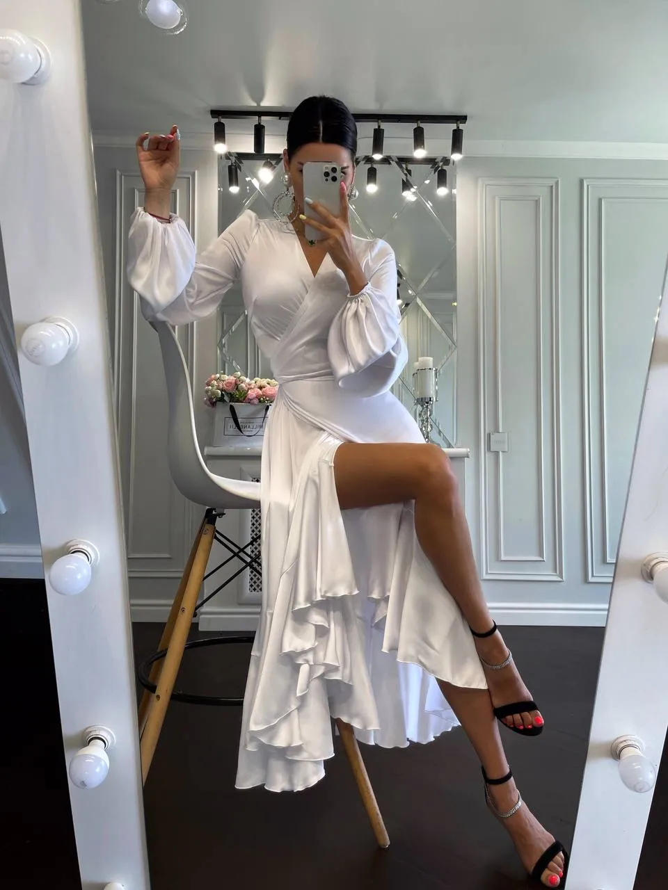 Puff-Sleeve Wrap Asymmetric Dress