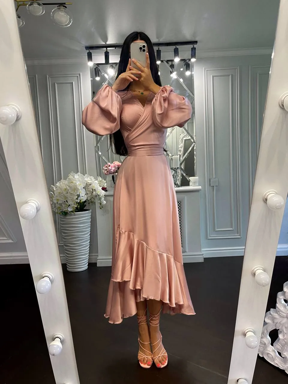 Puff-Sleeve Wrap Asymmetric Dress