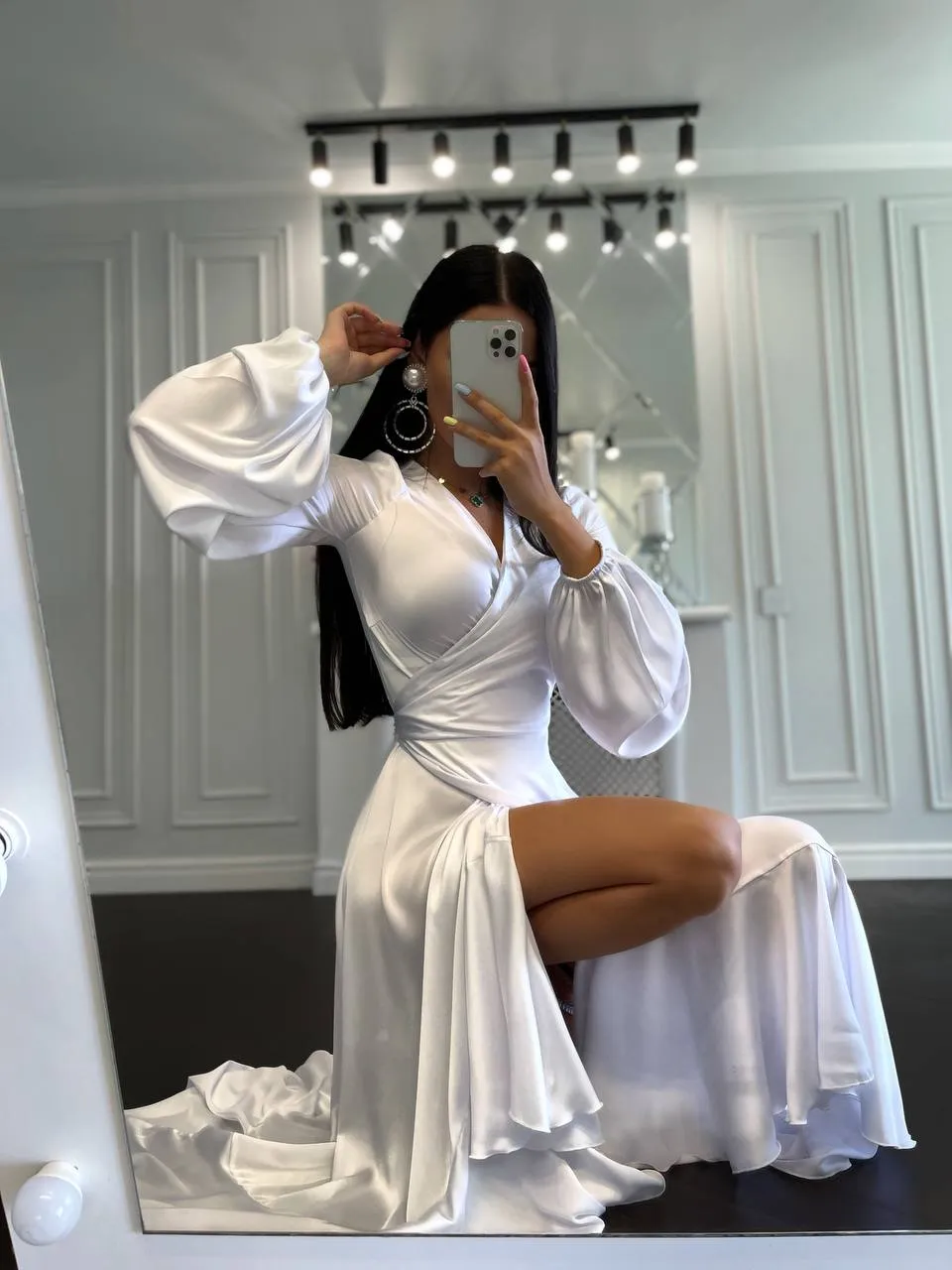 Puff-Sleeve Wrap Asymmetric Dress