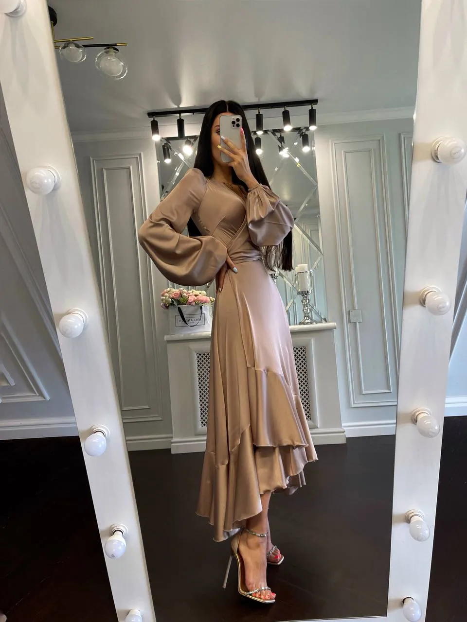 Puff-Sleeve Wrap Asymmetric Dress