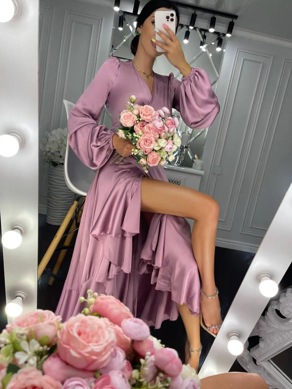 Puff-Sleeve Wrap Asymmetric Dress