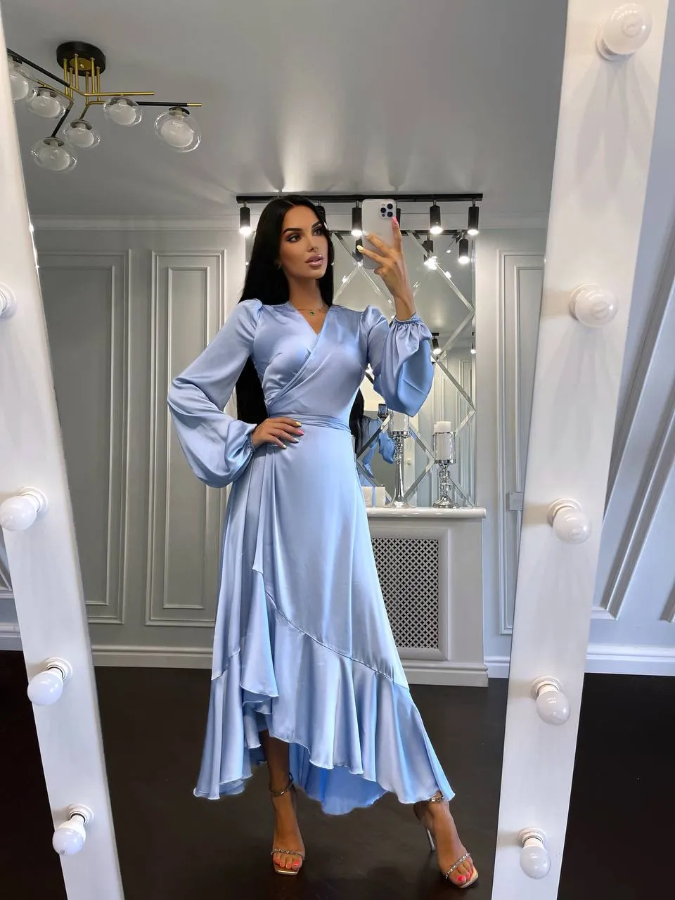 Puff-Sleeve Wrap Asymmetric Dress