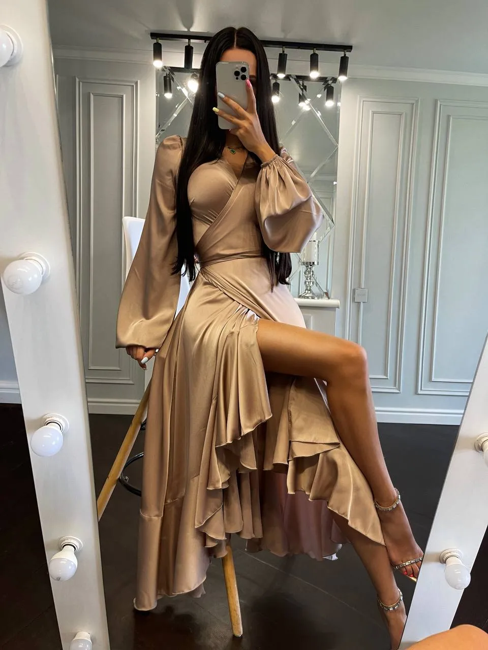 Puff-Sleeve Wrap Asymmetric Dress