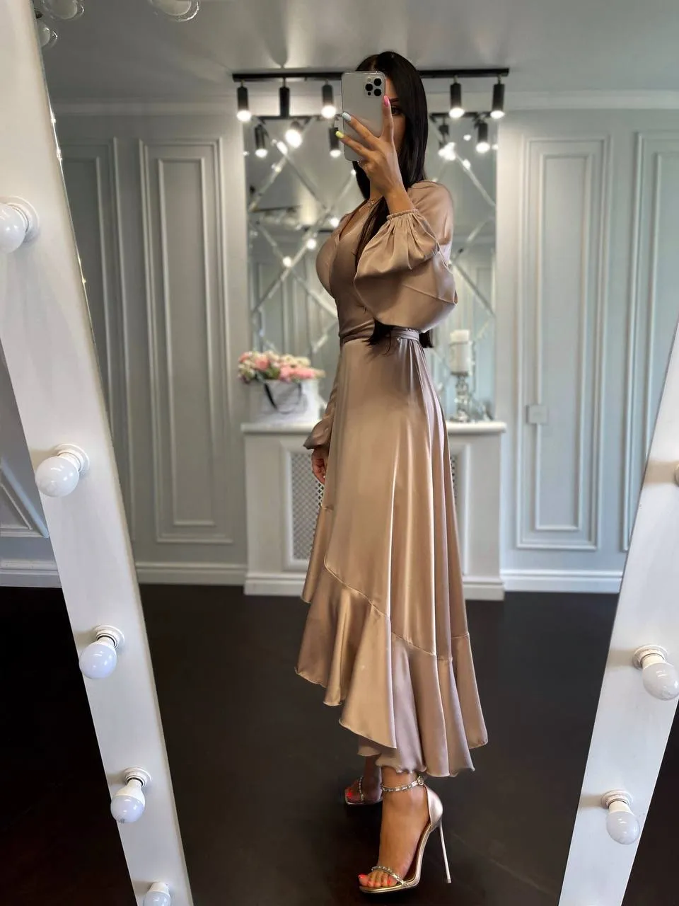 Puff-Sleeve Wrap Asymmetric Dress