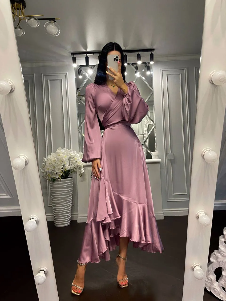 Puff-Sleeve Wrap Asymmetric Dress