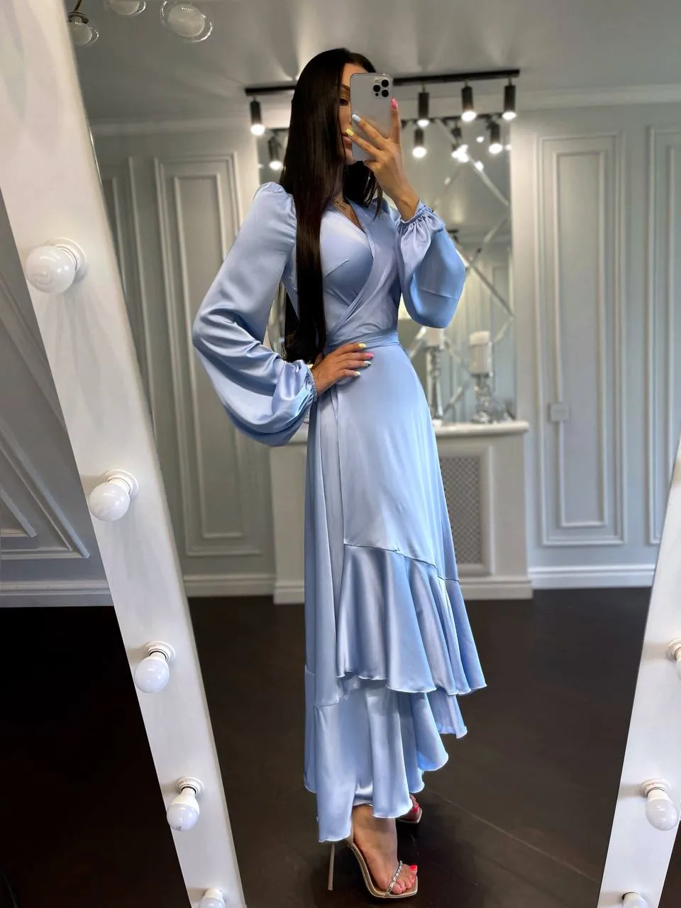 Puff-Sleeve Wrap Asymmetric Dress