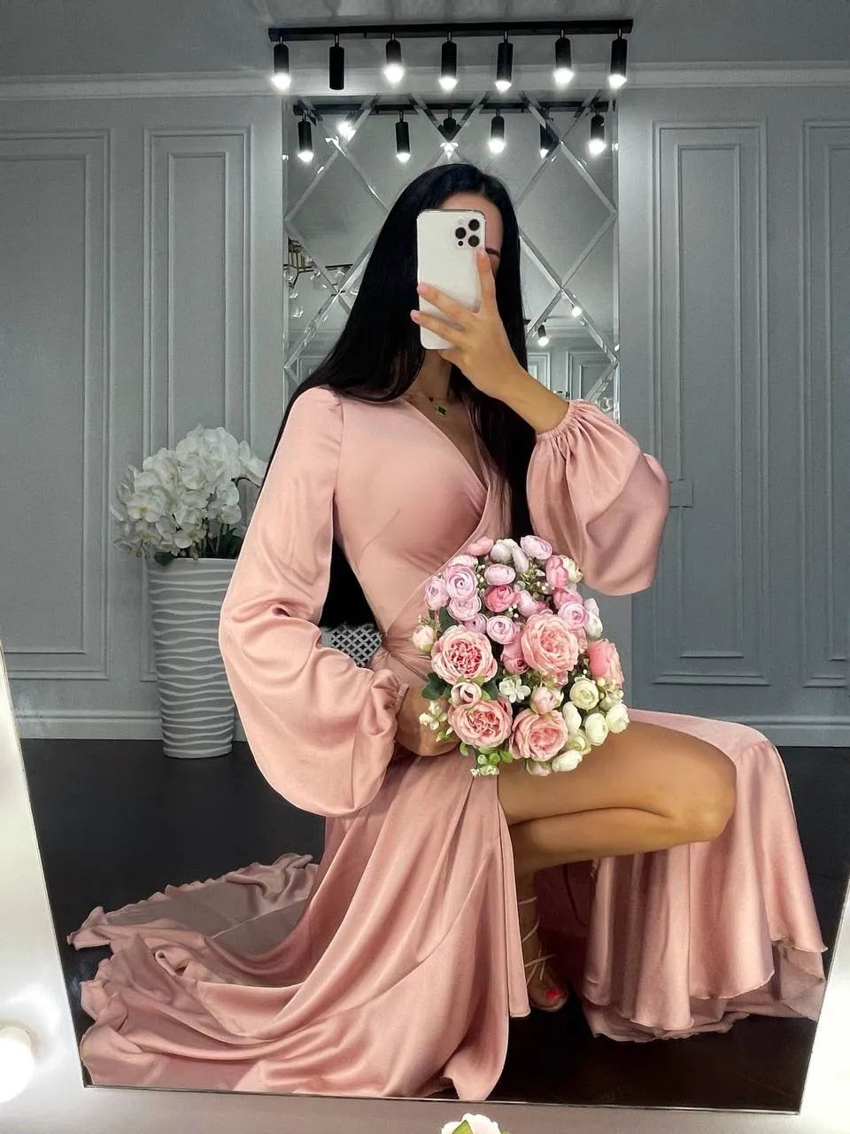 Puff-Sleeve Wrap Asymmetric Dress