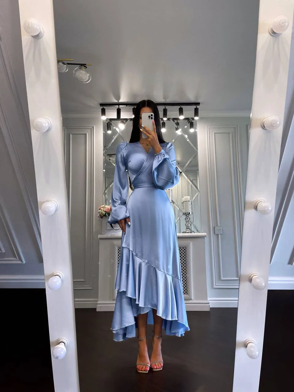 Puff-Sleeve Wrap Asymmetric Dress