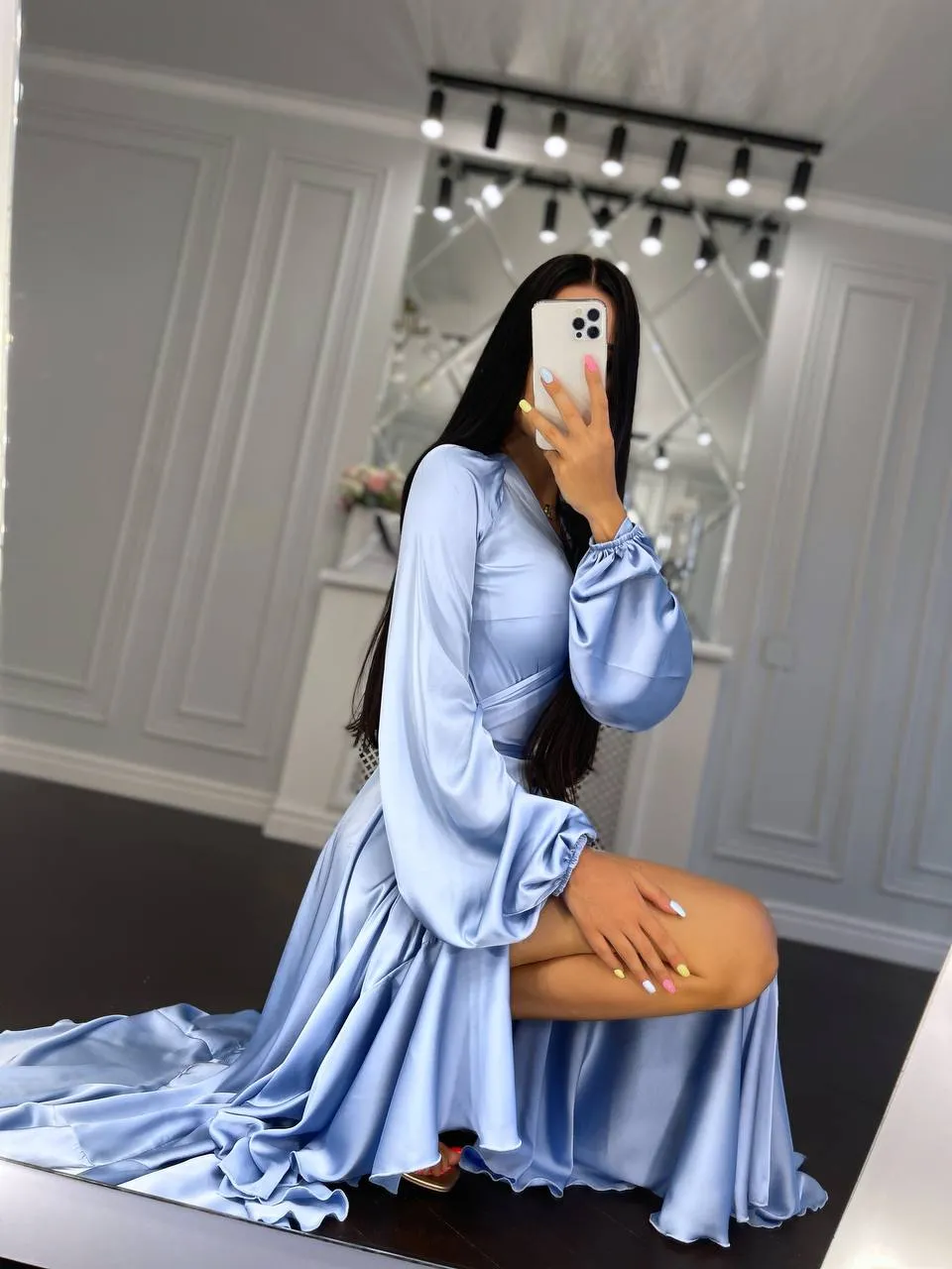 Puff-Sleeve Wrap Asymmetric Dress