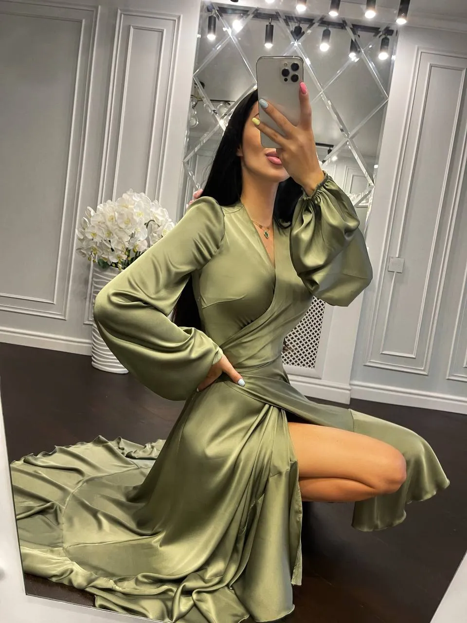 Puff-Sleeve Wrap Asymmetric Dress