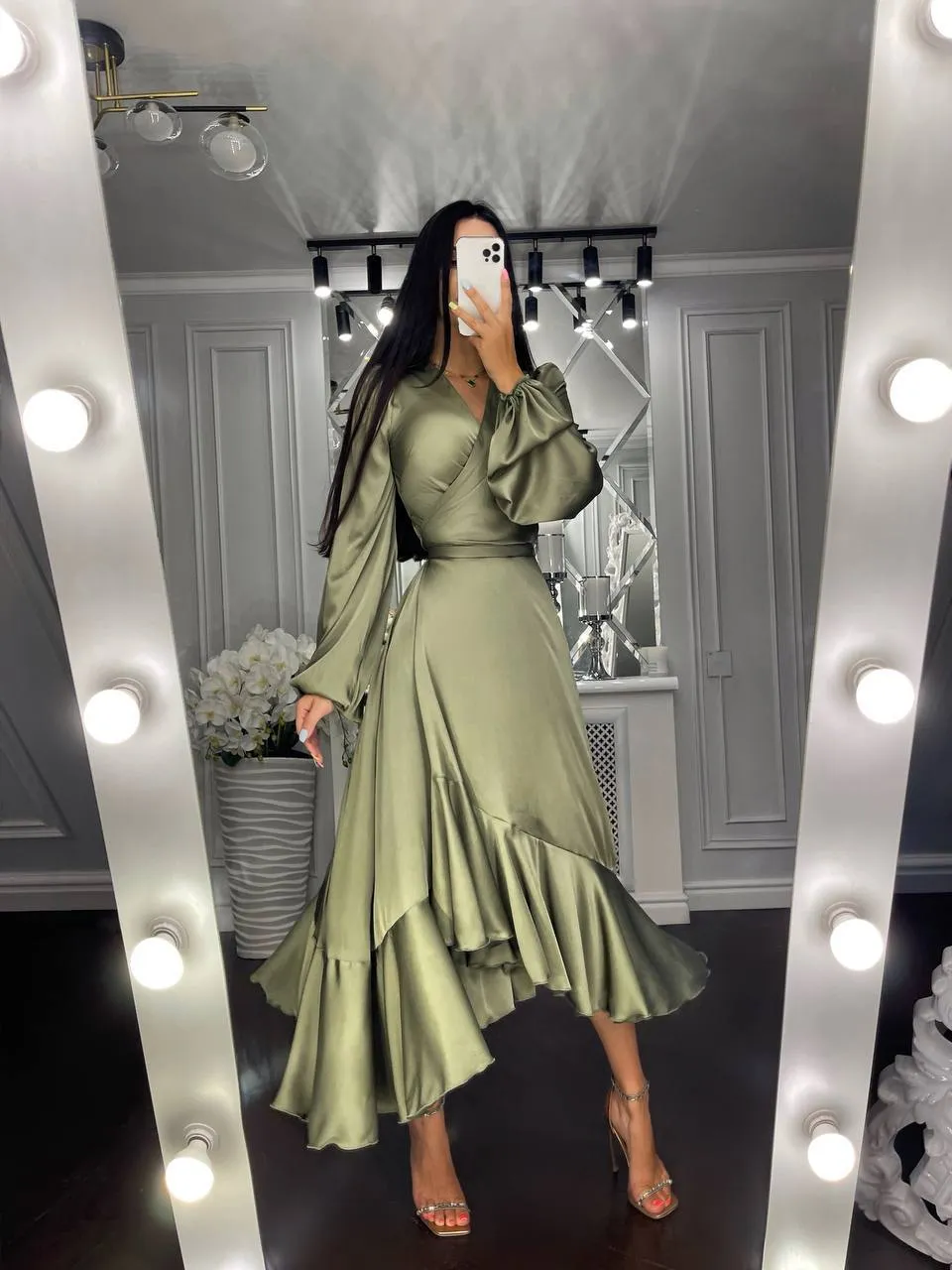 Puff-Sleeve Wrap Asymmetric Dress