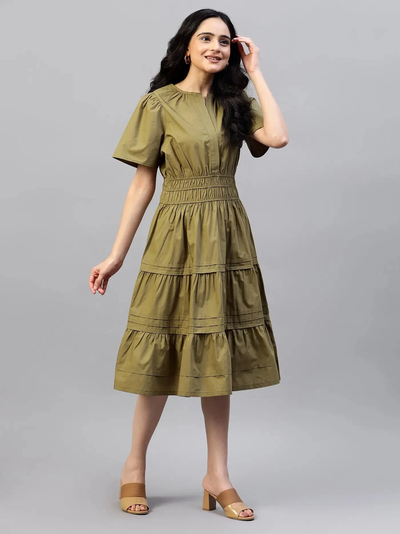 Puff Sleeves Smocked Detailed Tiered Cotton Fit & Flare Midi Dress