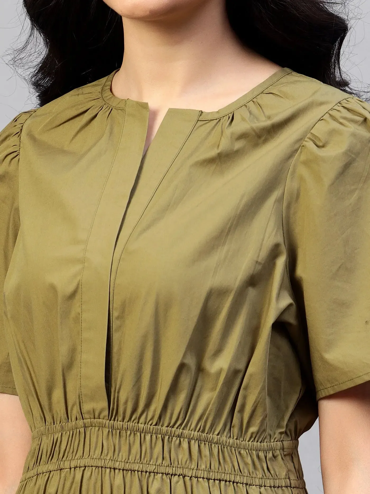 Puff Sleeves Smocked Detailed Tiered Cotton Fit & Flare Midi Dress