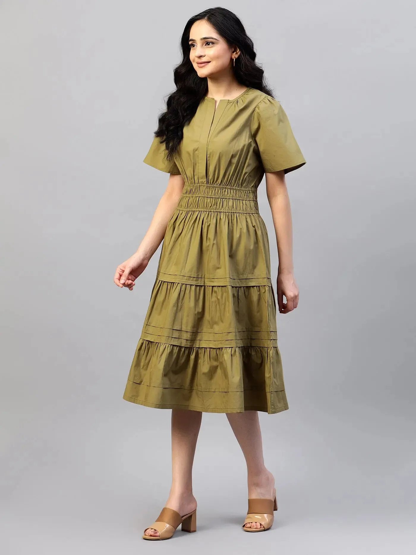 Puff Sleeves Smocked Detailed Tiered Cotton Fit & Flare Midi Dress