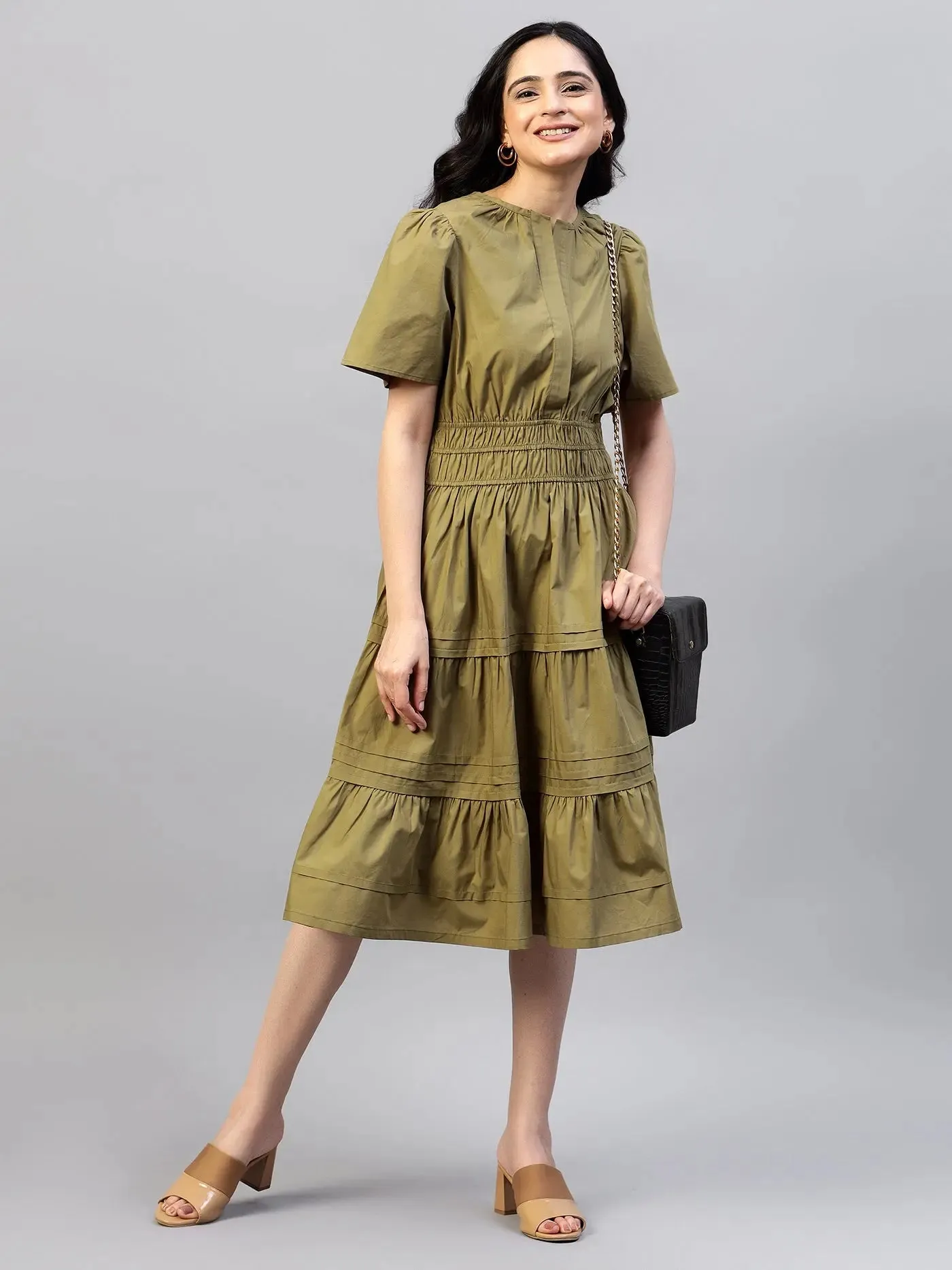 Puff Sleeves Smocked Detailed Tiered Cotton Fit & Flare Midi Dress