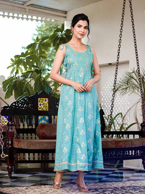Purple Cotton Floral Print Anarkali Style Dress
