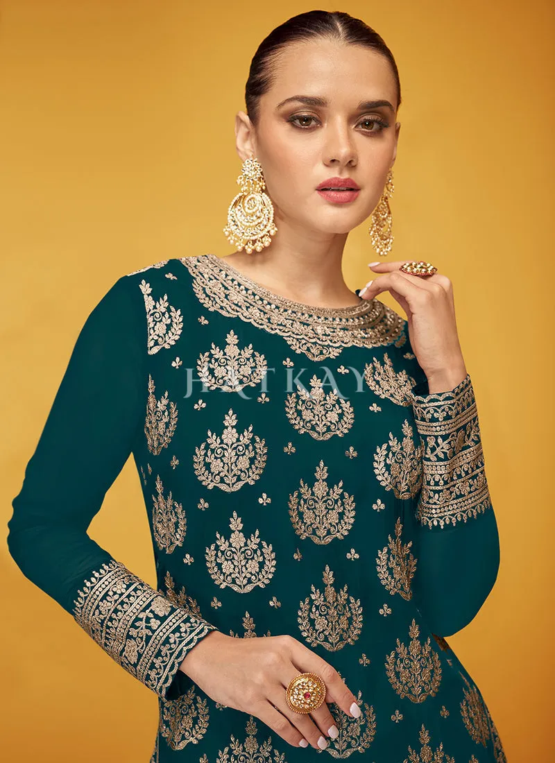 Rama Green Designer Embroidered Georgette Palazzo Suit