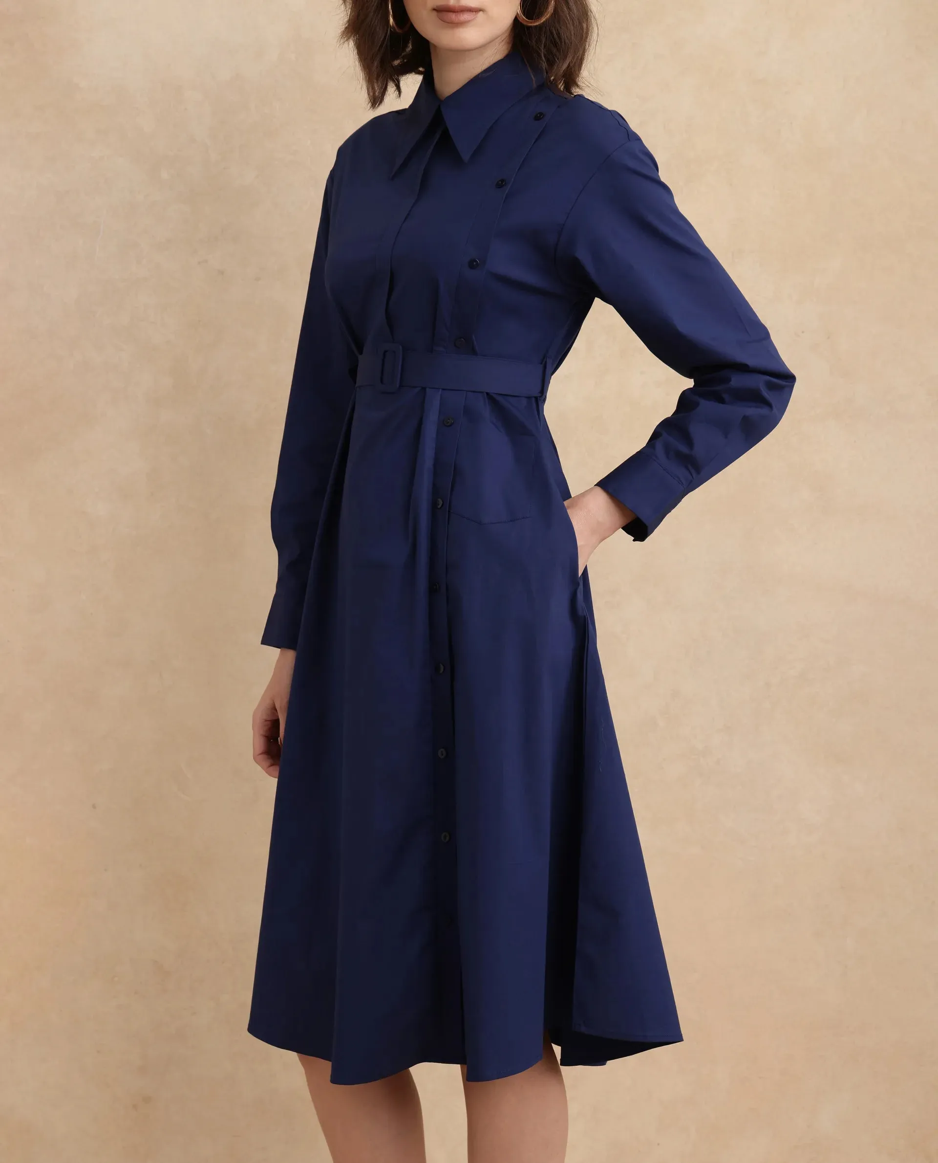 Rareism Women Minifi Navy Cuffed Sleeve Collared Neck Flared Knee Length Plain Dress