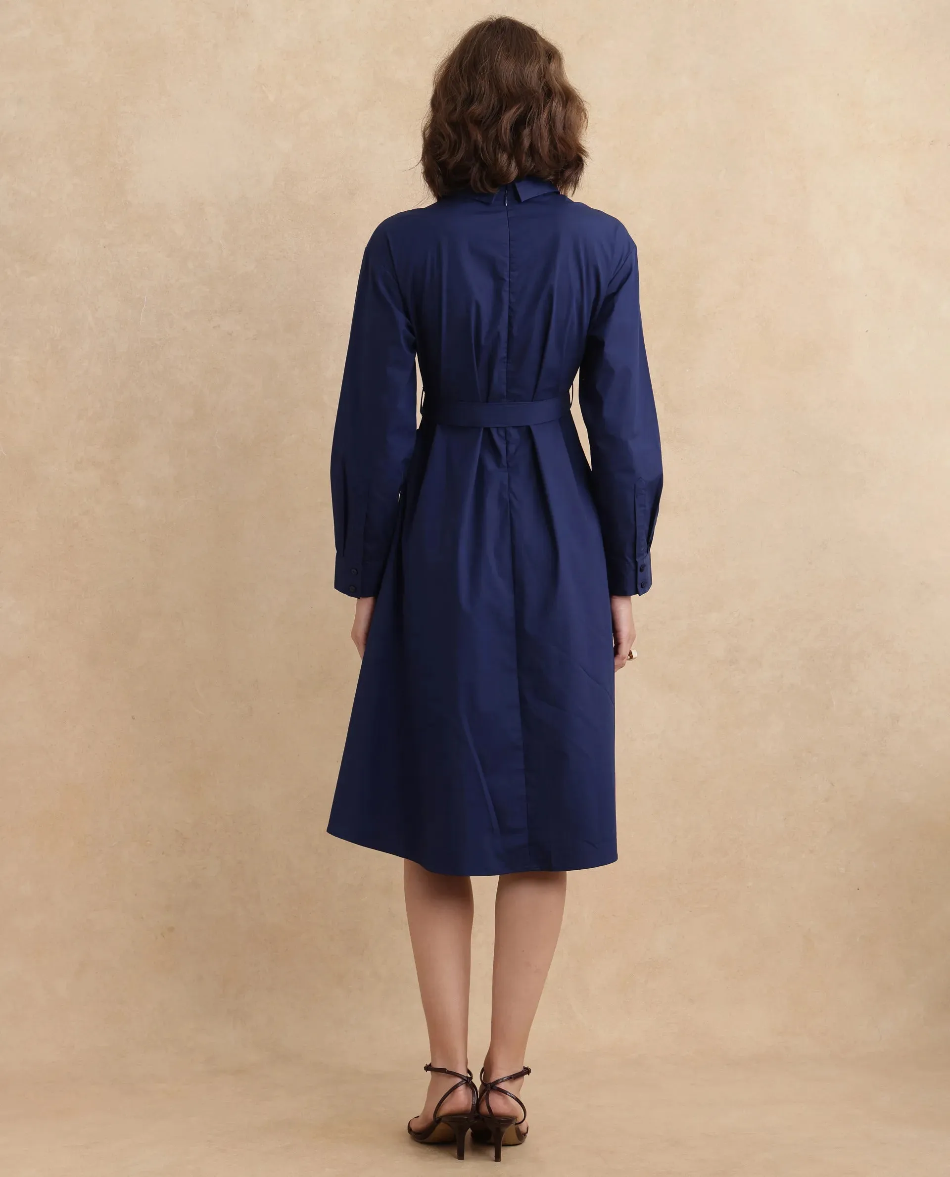 Rareism Women Minifi Navy Cuffed Sleeve Collared Neck Flared Knee Length Plain Dress