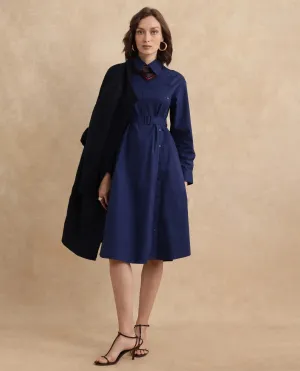 Rareism Women Minifi Navy Cuffed Sleeve Collared Neck Flared Knee Length Plain Dress