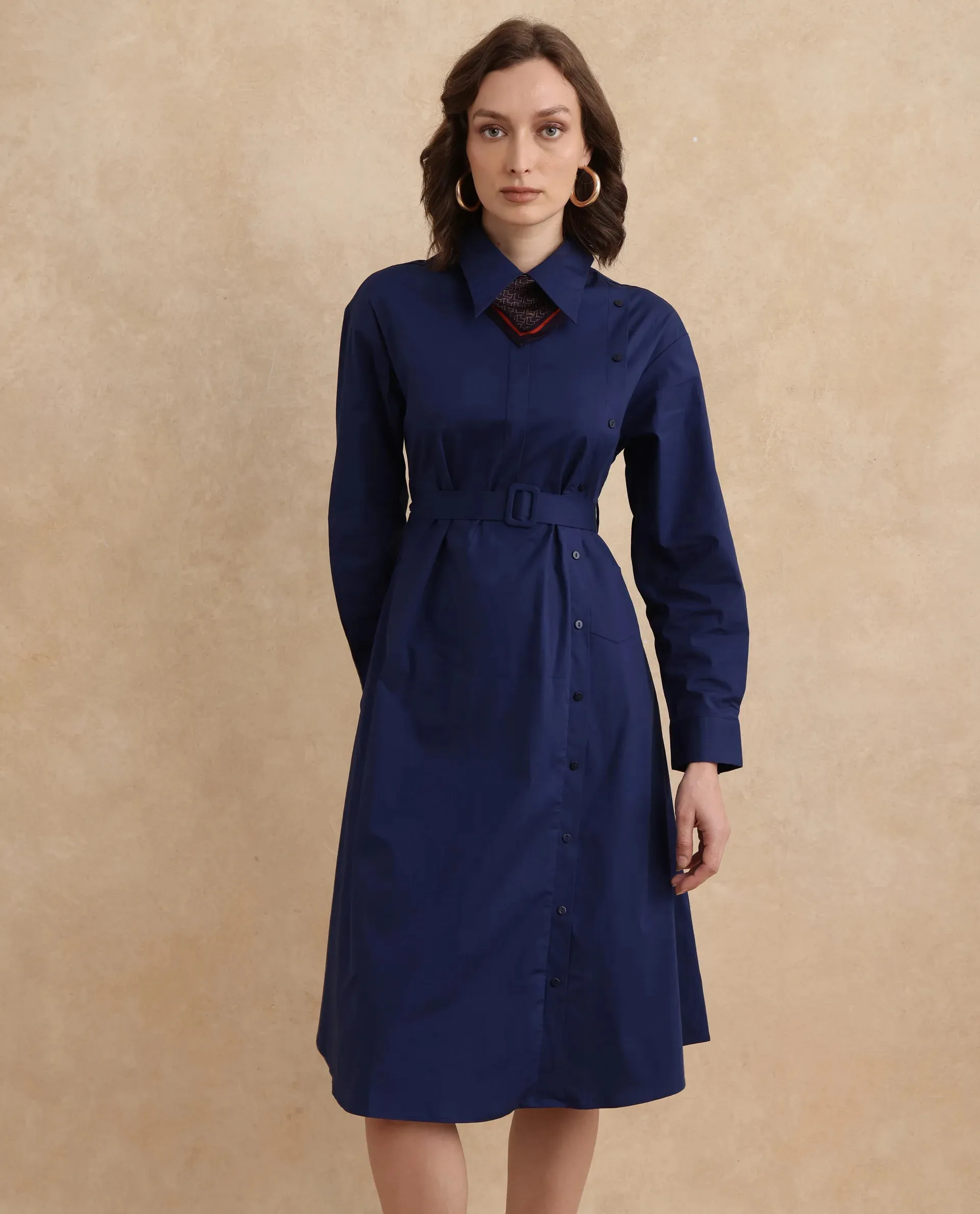 Rareism Women Minifi Navy Cuffed Sleeve Collared Neck Flared Knee Length Plain Dress