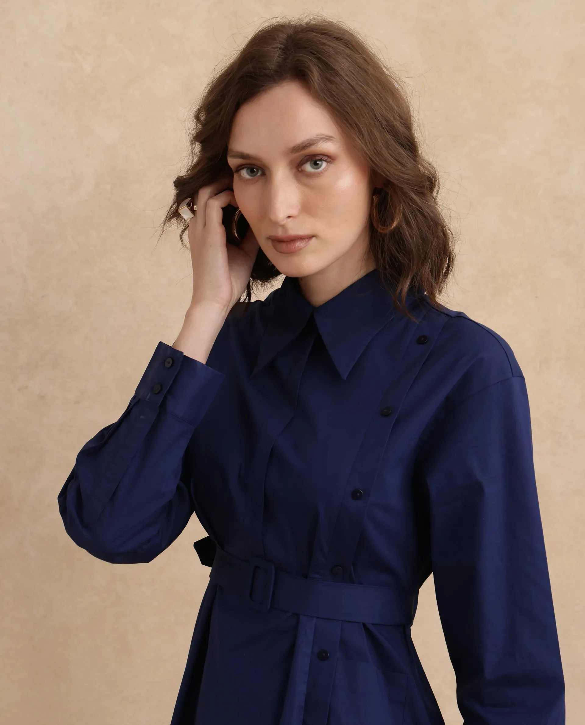 Rareism Women Minifi Navy Cuffed Sleeve Collared Neck Flared Knee Length Plain Dress