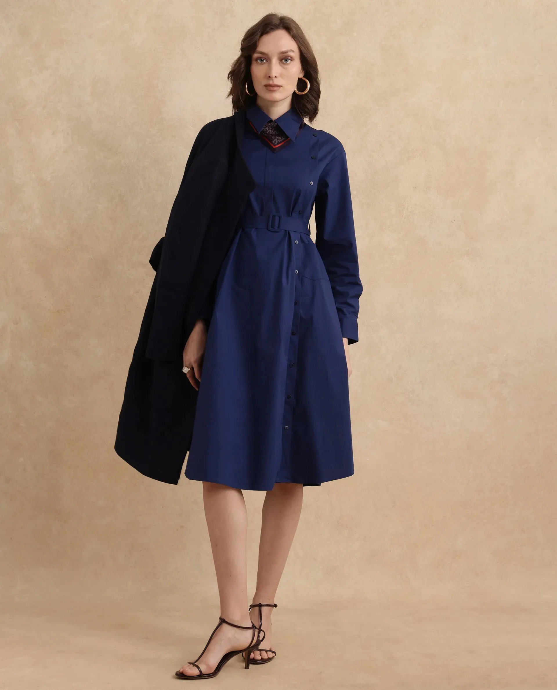 Rareism Women Minifi Navy Cuffed Sleeve Collared Neck Flared Knee Length Plain Dress