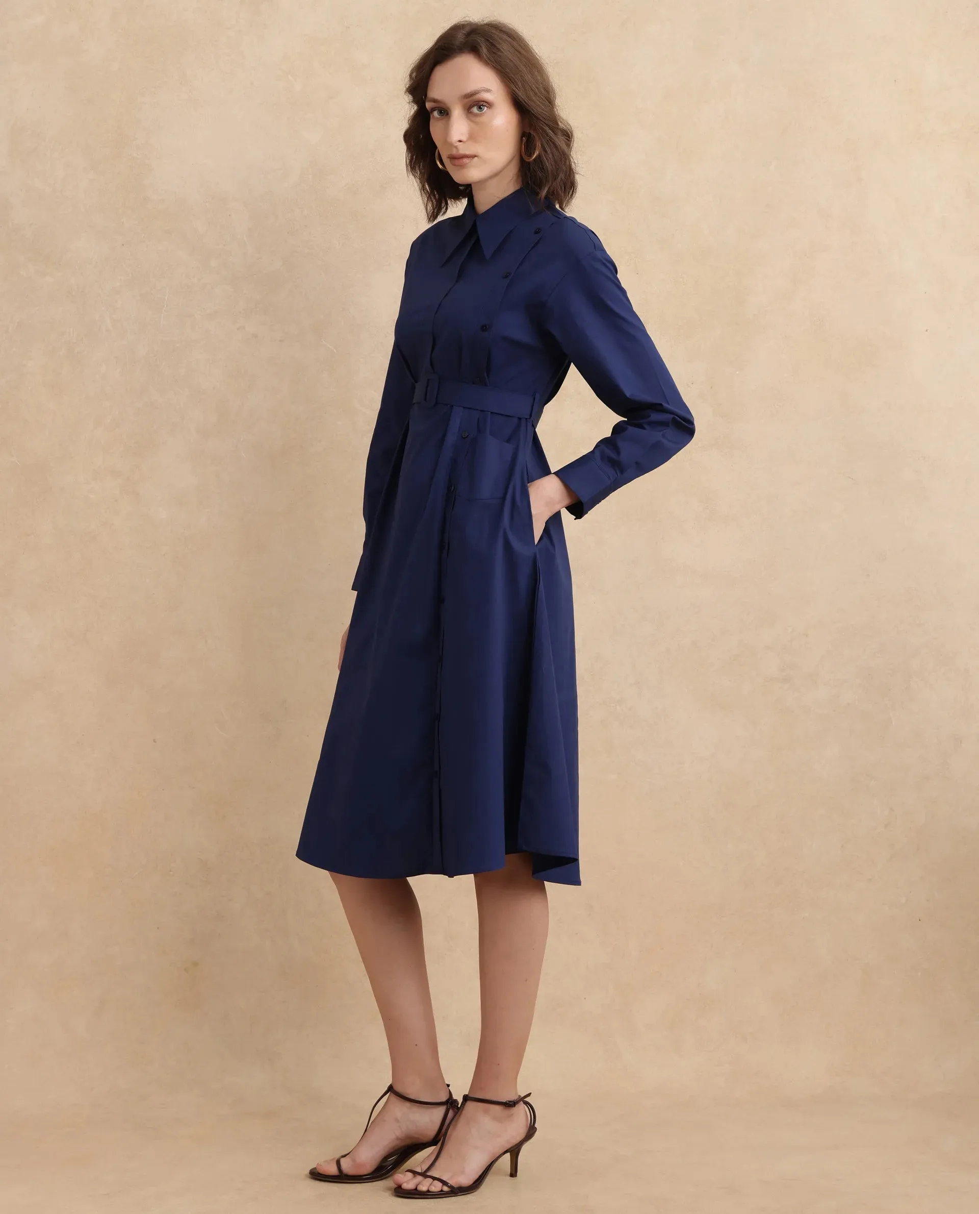 Rareism Women Minifi Navy Cuffed Sleeve Collared Neck Flared Knee Length Plain Dress