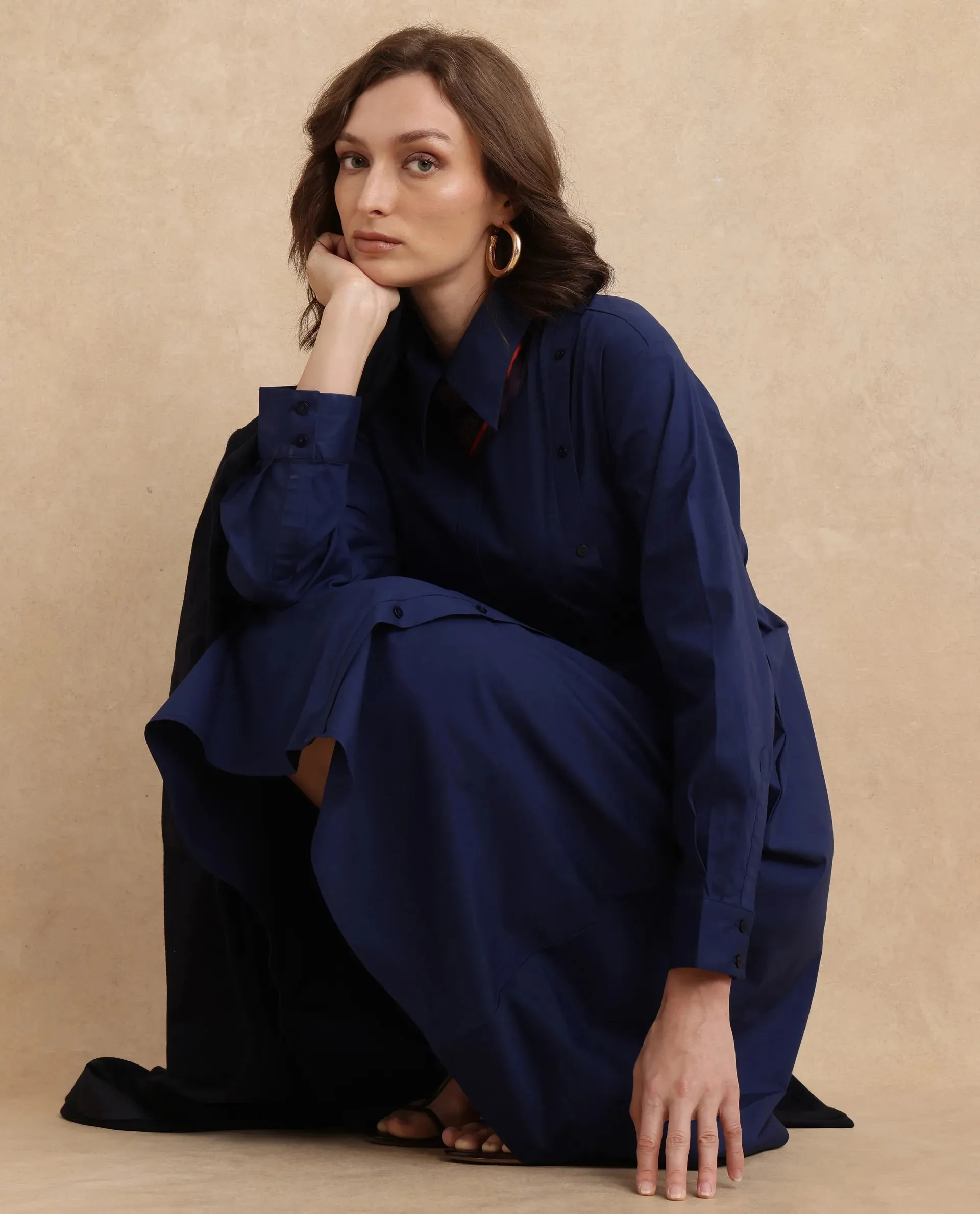 Rareism Women Minifi Navy Cuffed Sleeve Collared Neck Flared Knee Length Plain Dress