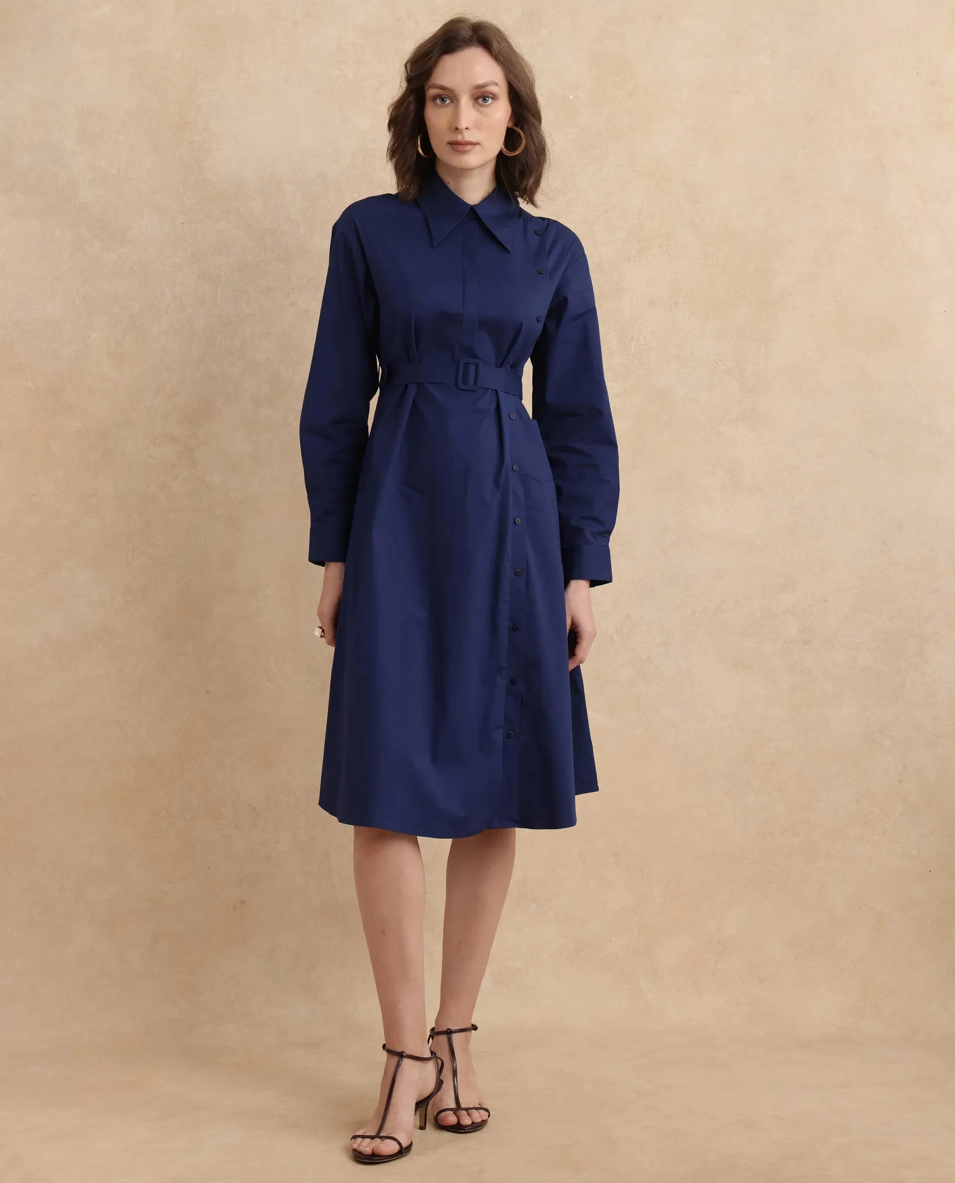 Rareism Women Minifi Navy Cuffed Sleeve Collared Neck Flared Knee Length Plain Dress