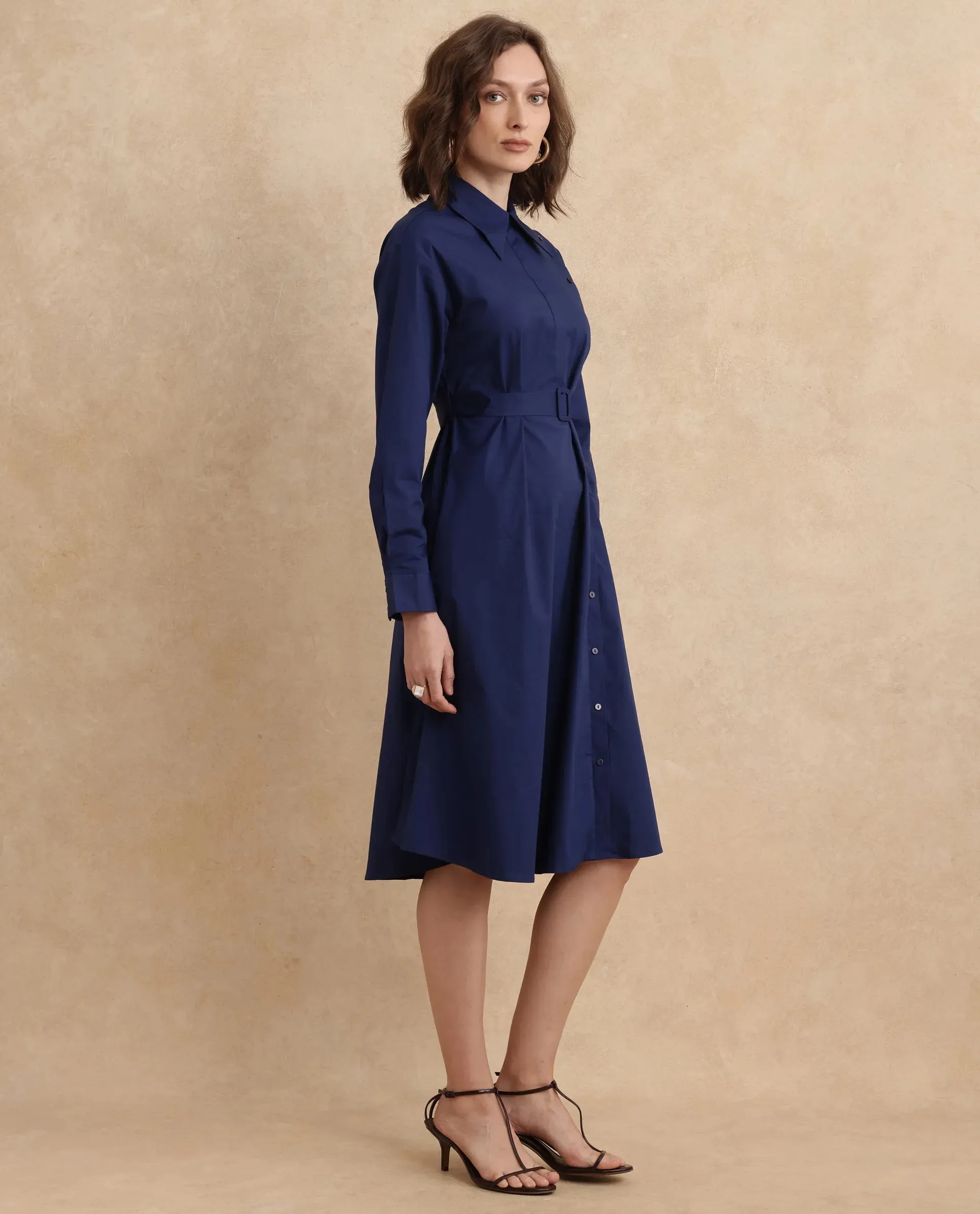 Rareism Women Minifi Navy Cuffed Sleeve Collared Neck Flared Knee Length Plain Dress