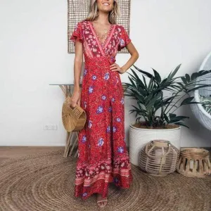 Red V-Neck Wrap Dress