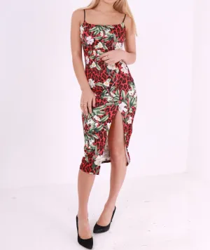 Red Wrap Front Floral Midi Dress