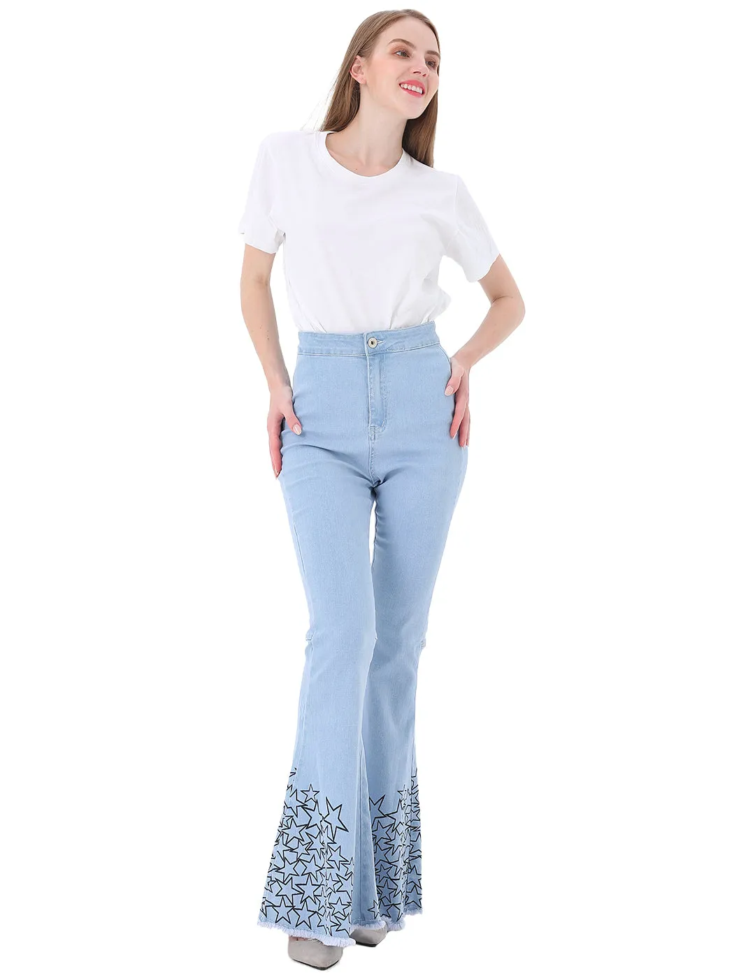 Retro Flared Jeans High Waist Star Printed Long Denim Bell Bottom Jeans
