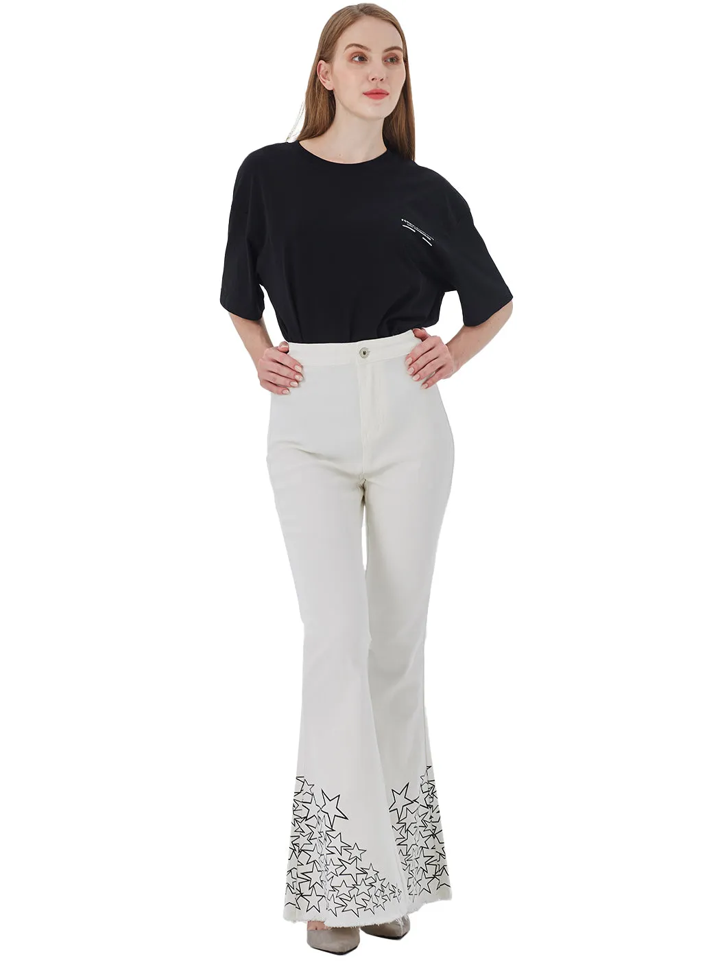 Retro Flared Jeans High Waist Star Printed Long Denim Bell Bottom Jeans