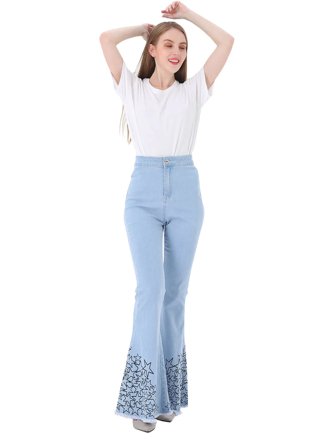 Retro Flared Jeans High Waist Star Printed Long Denim Bell Bottom Jeans