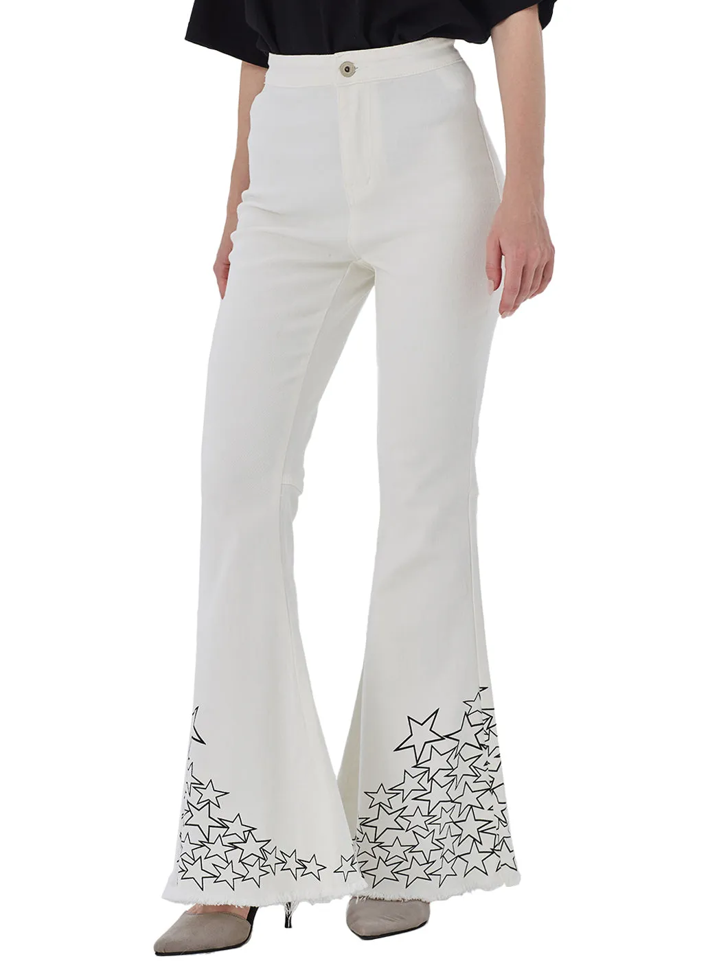 Retro Flared Jeans High Waist Star Printed Long Denim Bell Bottom Jeans