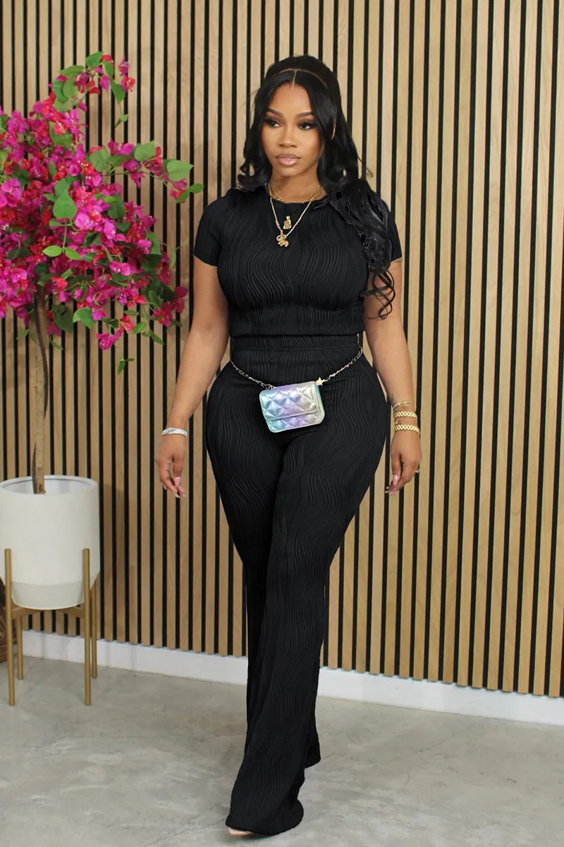 Rib Short Sleeve Flared Pants Set
