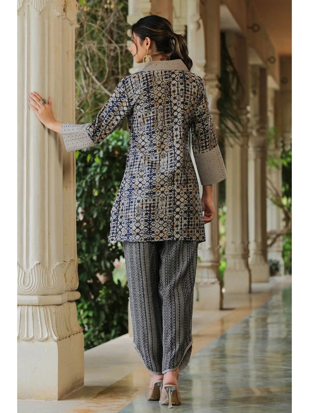 Rock Grey & Blue Chanderi Schiffli Co-Ord Set