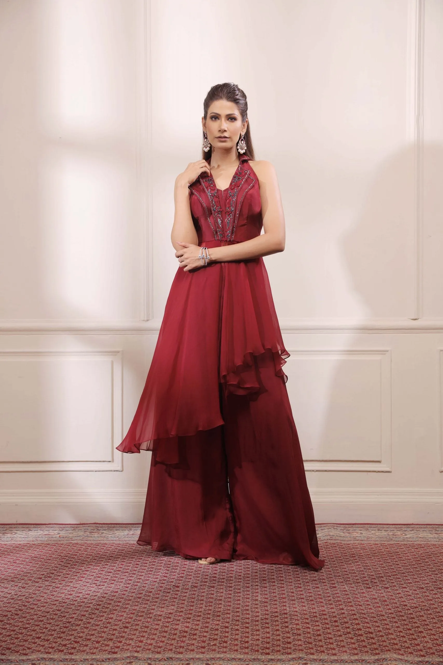Ruby red asymmetric kurta with  flared organza pants
