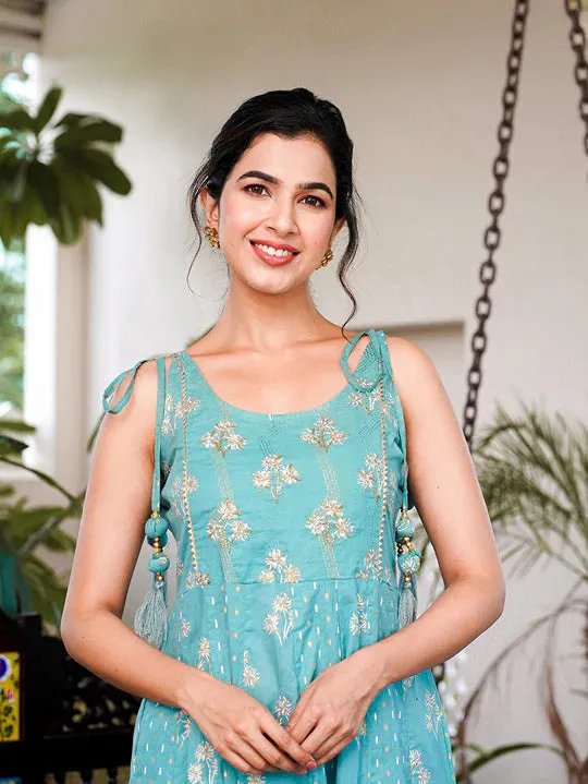 Sea Green Cotton Floral Print Anarkali Style Dress